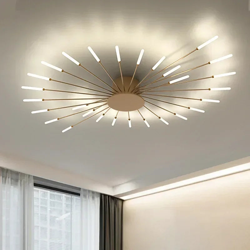 Gold sunburst LED ceiling light in a living room