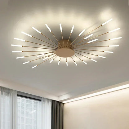 Gold sunburst LED ceiling light in a living room