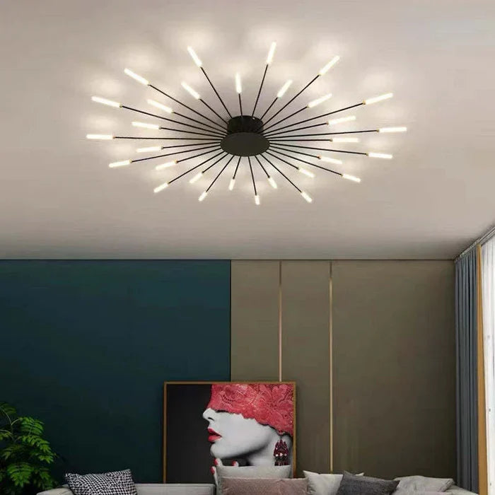 Black sunburst ceiling light above a living area