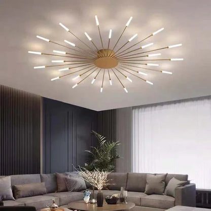 Gold sunburst ceiling light above a sofa