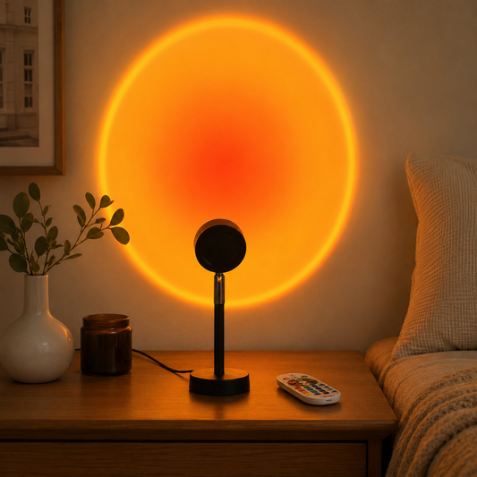 Sunset projector lamp casting an orange halo on a wall