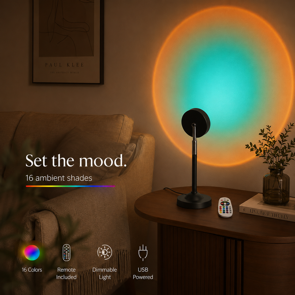 Sunset projector with remote and colourful gradient light