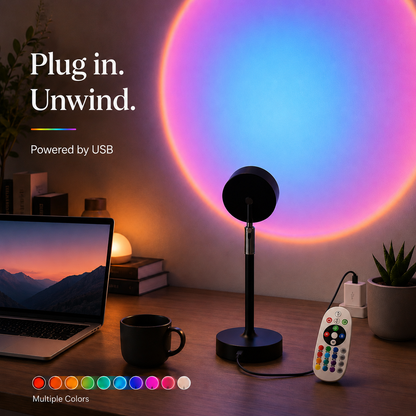 USB-powered sunset lamp casting a blue and pink halo
