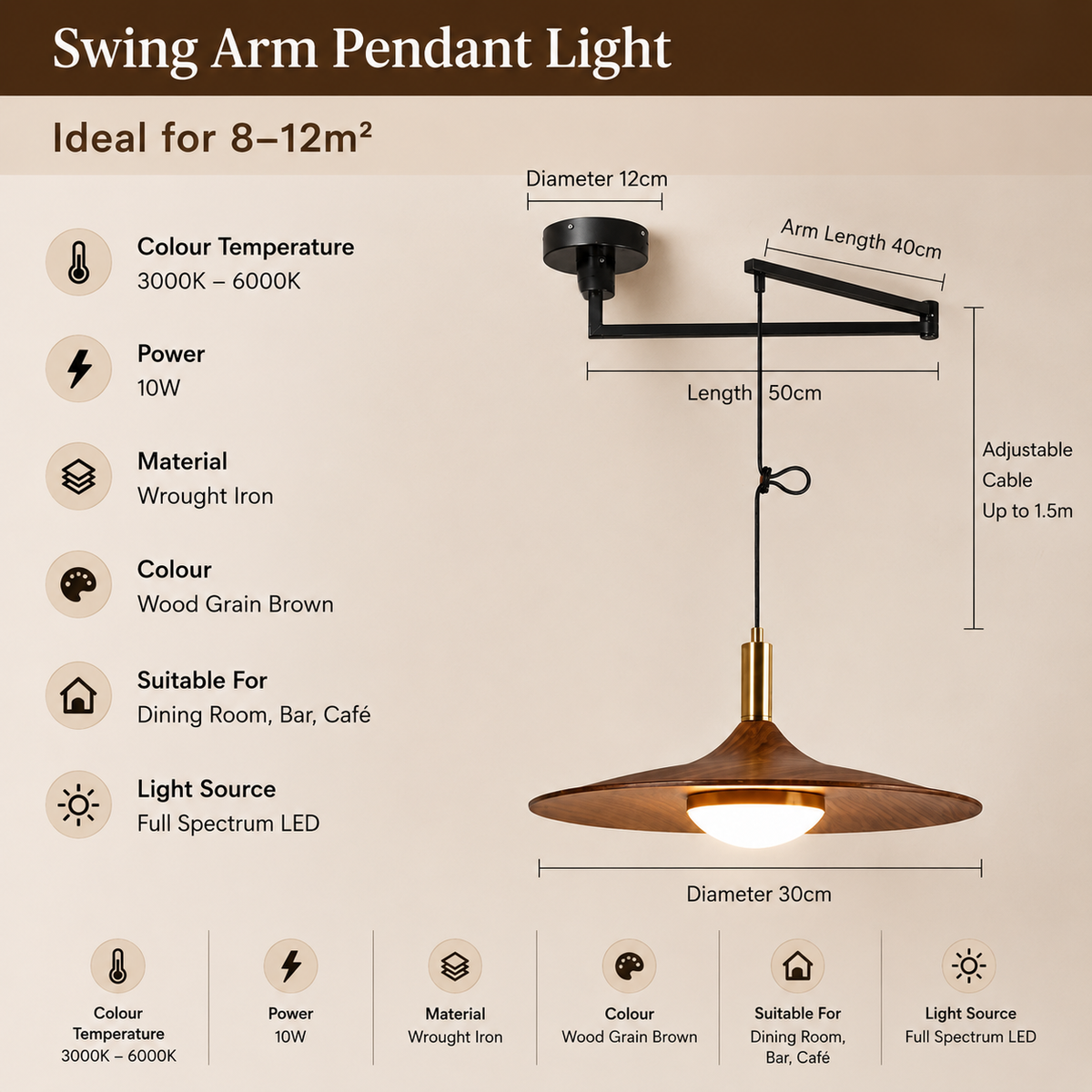 Swing arm pendant light with walnut-tone shade