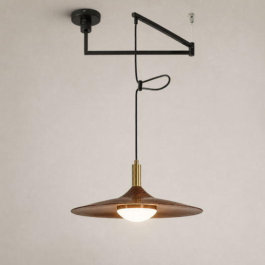 Swing arm pendant light with walnut-tone shade