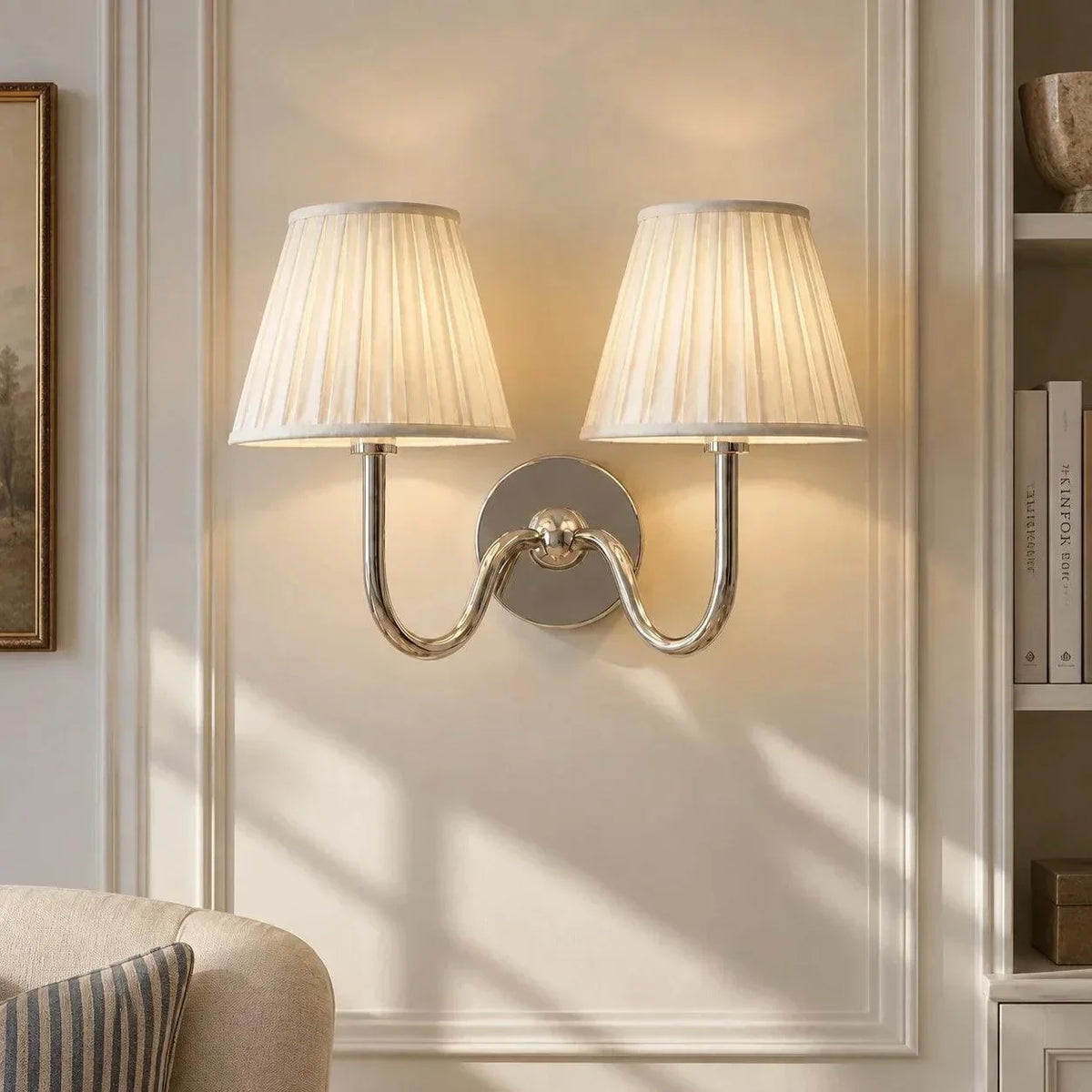 Chrome double-arm wall light with pleated shades