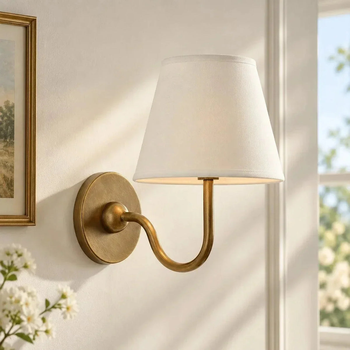 Brass single-arm wall light with a plain shade