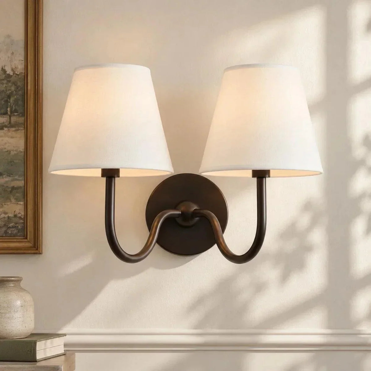Bronze double-arm wall light with plain shades