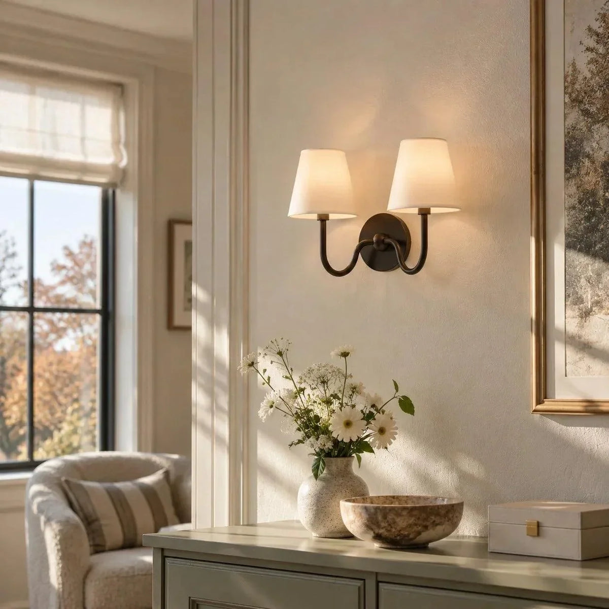 Double-arm bronze wall light with plain shades