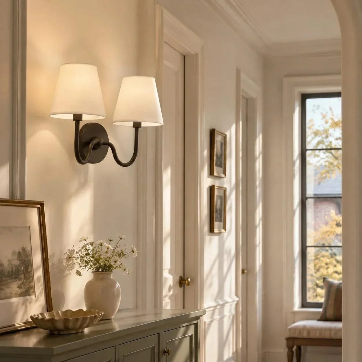 Bronze double wall light illuminating a hallway