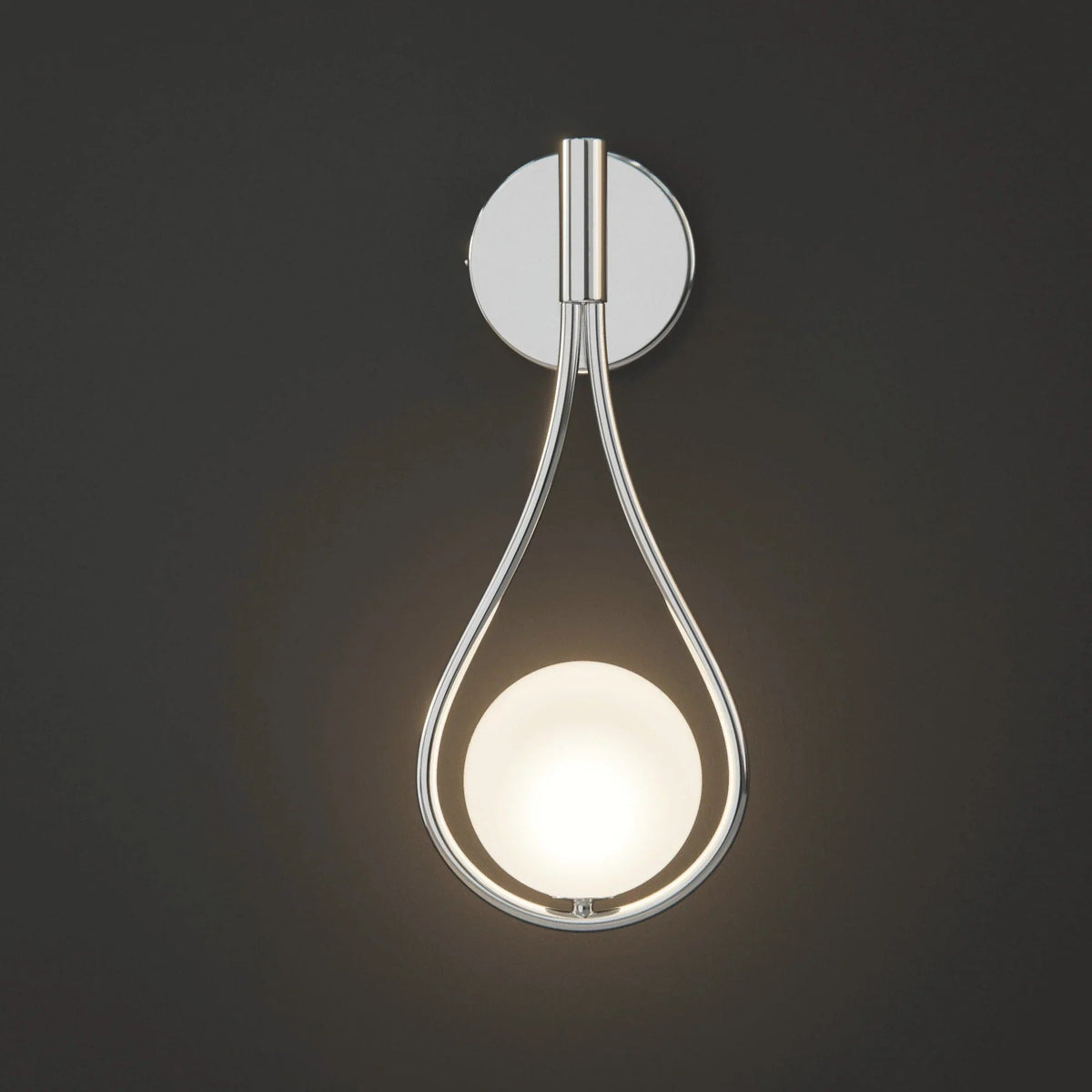 Silver teardrop wall light with illuminated globe