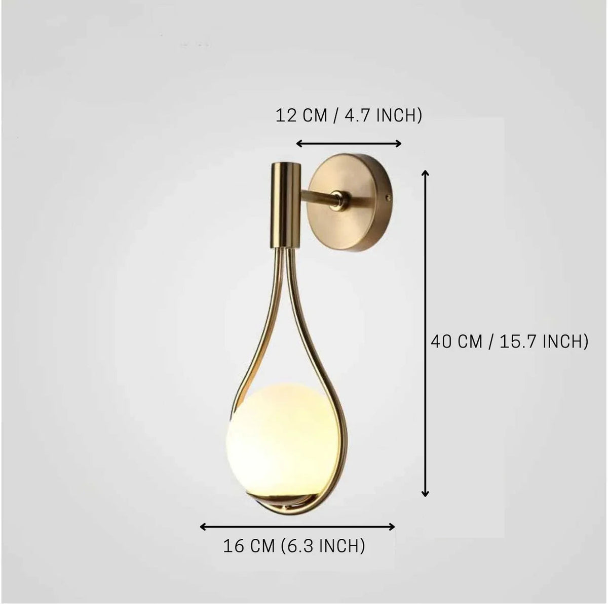 Teardrop wall light dimension diagram, 16 by 40 cm