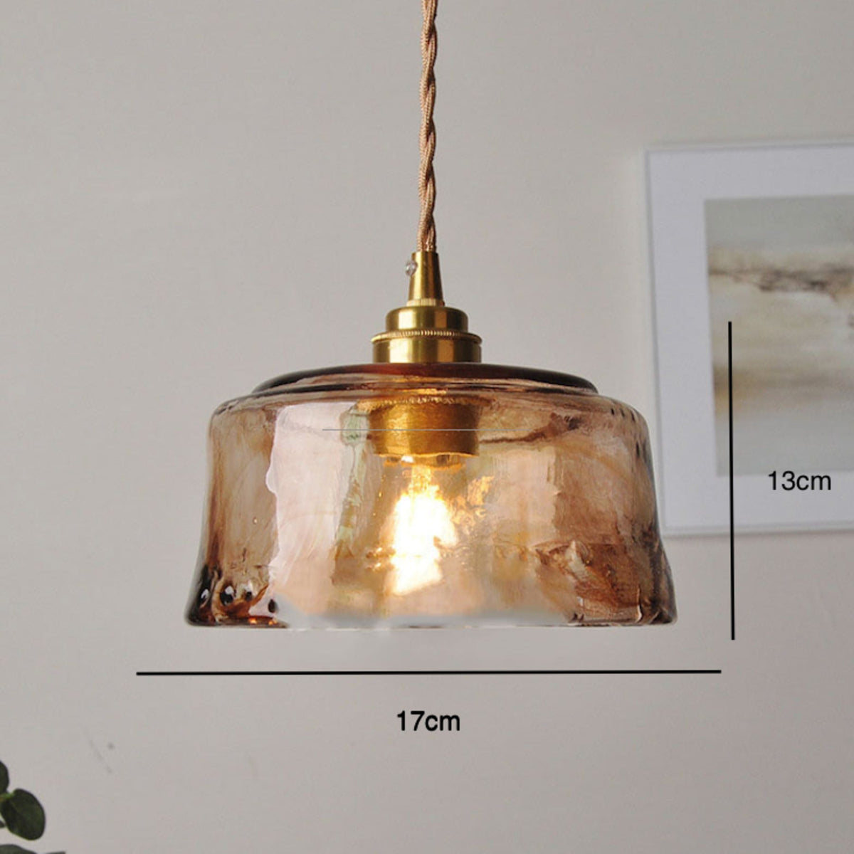 Glass pendant dimensions of 17cm diameter and 13cm height
