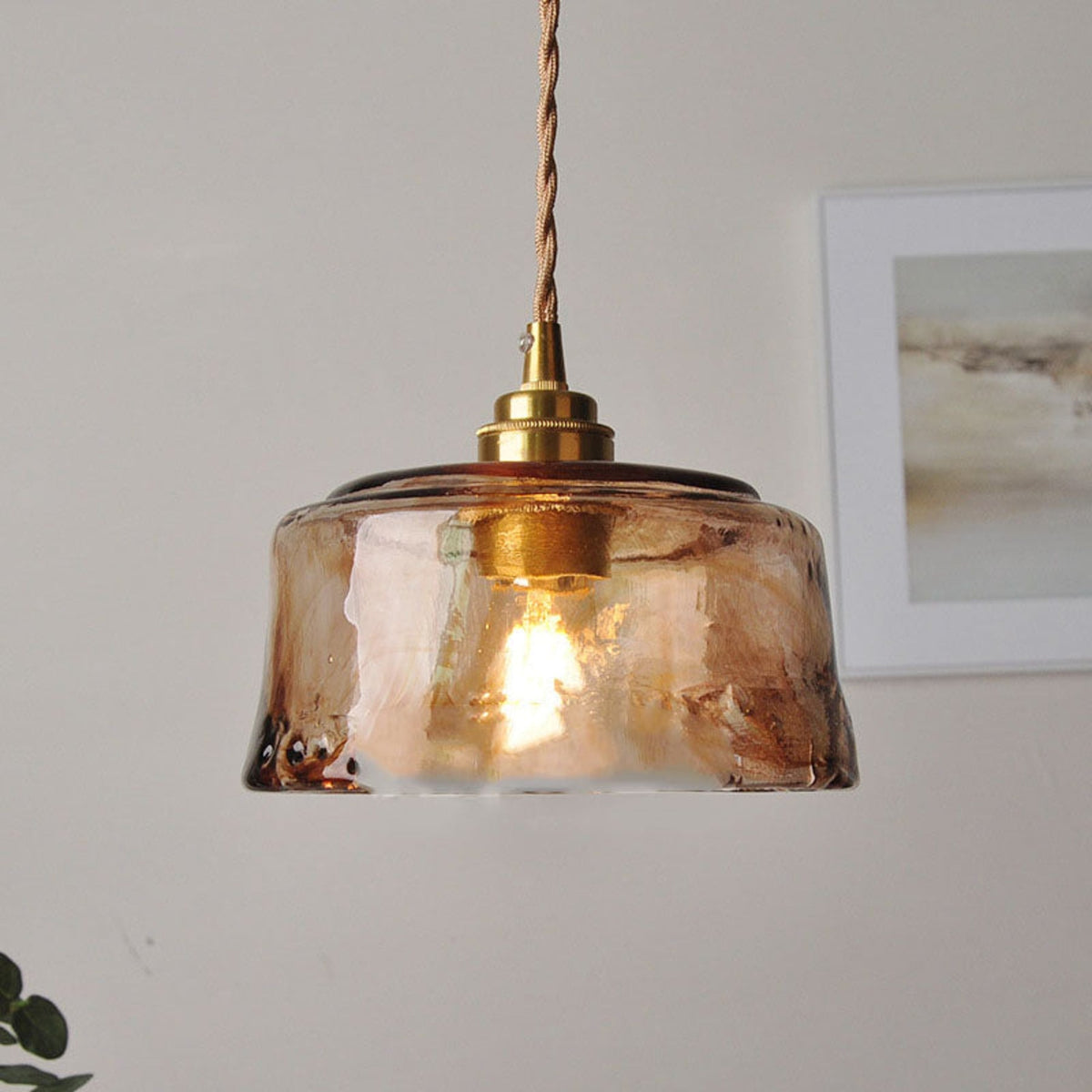 Glass pendant shade with brass fitting