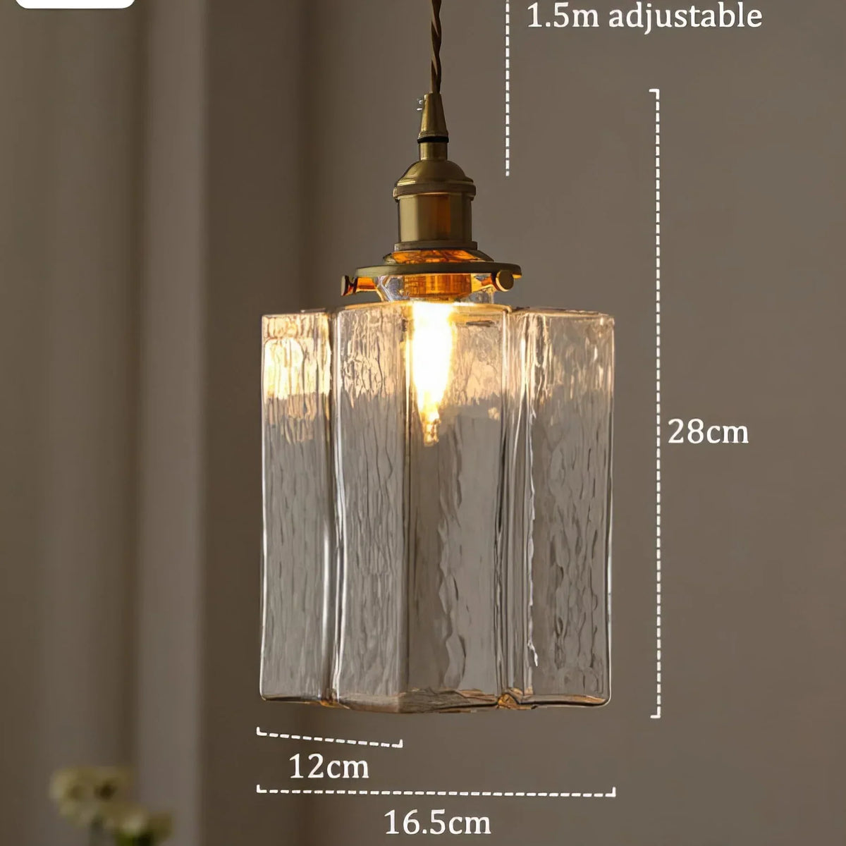 Tall glass pendant dimensions: 16.5 cm wide, 12 cm deep and 28 cm high