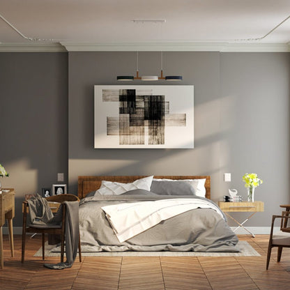Black and white linear pendant in a bedroom
