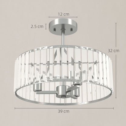 Silver-tone crystal semi-flush mount chandelier with 39 cm diameter, 32 cm height and 12 cm ceiling base