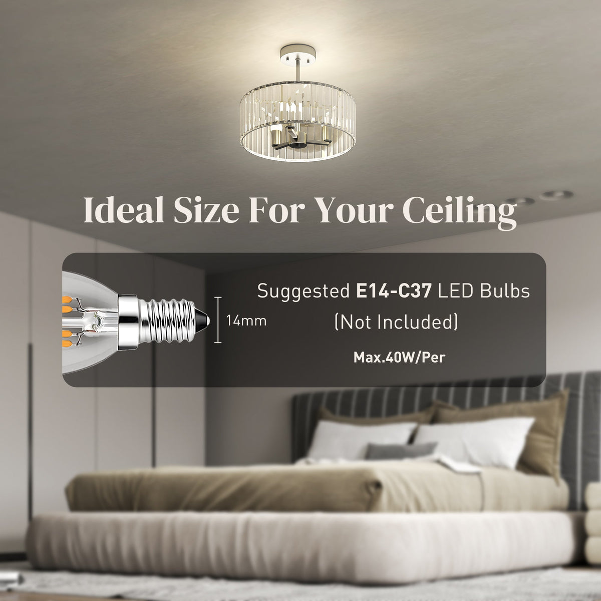 Silver-tone crystal semi-flush mount chandelier with E14 bulb fittings