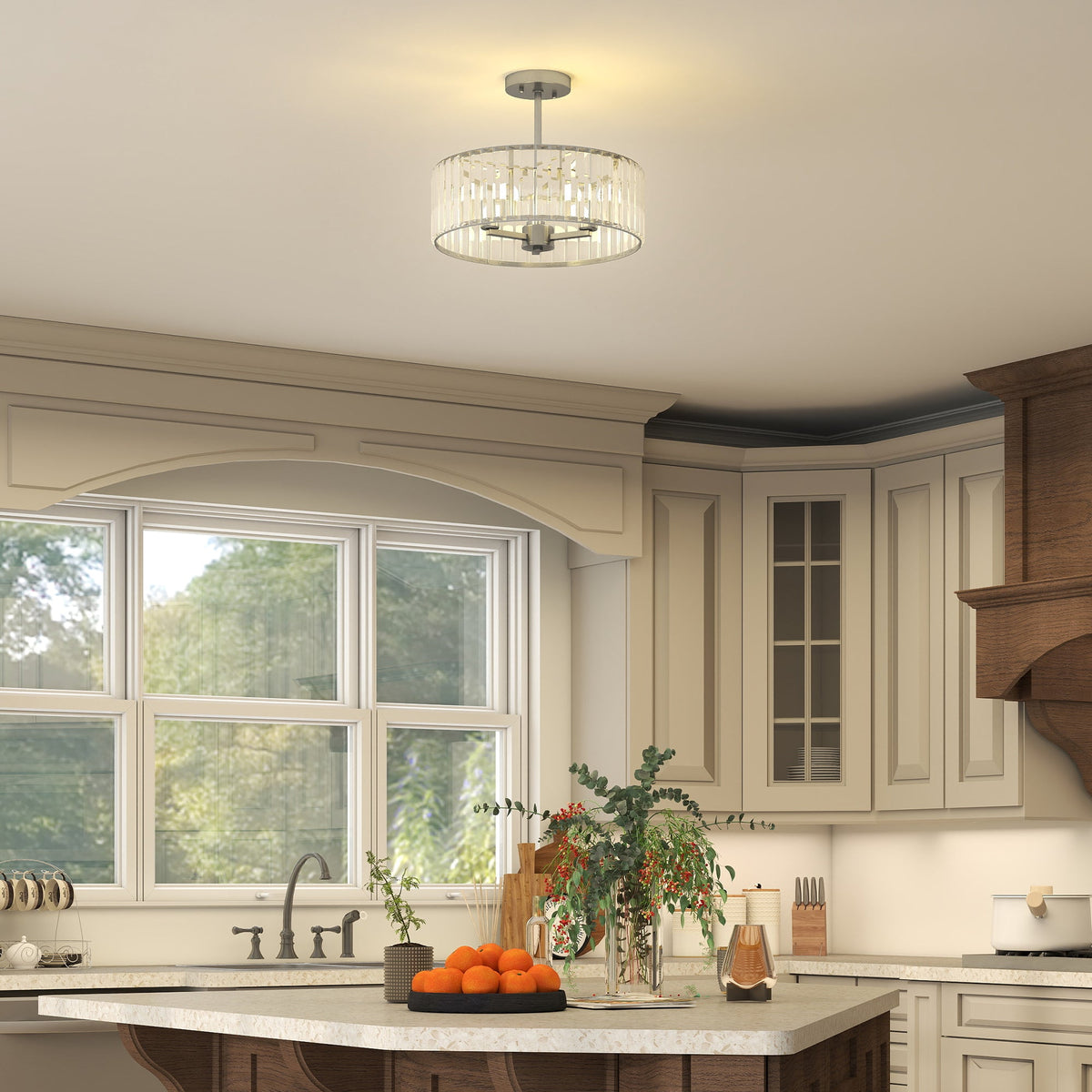 Silver-tone crystal semi-flush mount chandelier with a round crystal shade