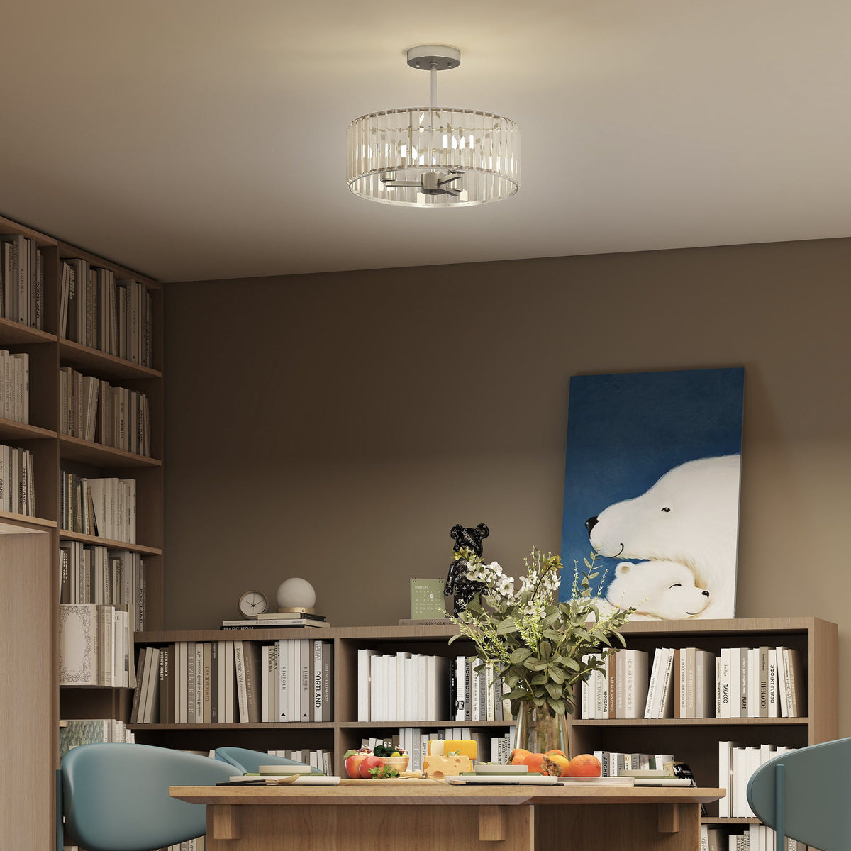 Silver-tone crystal semi-flush mount chandelier with a round crystal shade