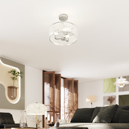 Silver-tone crystal semi-flush mount chandelier with a round crystal shade