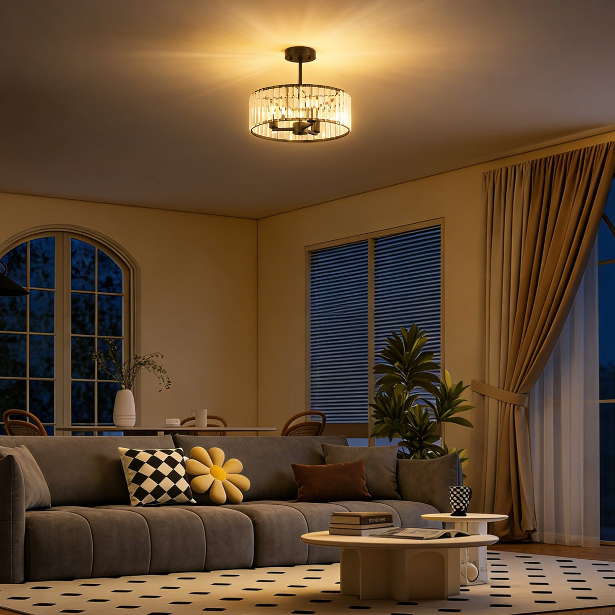 Black crystal semi-flush mount chandelier with a round crystal shade