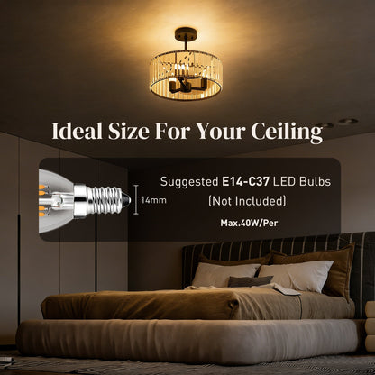 Black crystal semi-flush mount chandelier with E14 bulb fittings