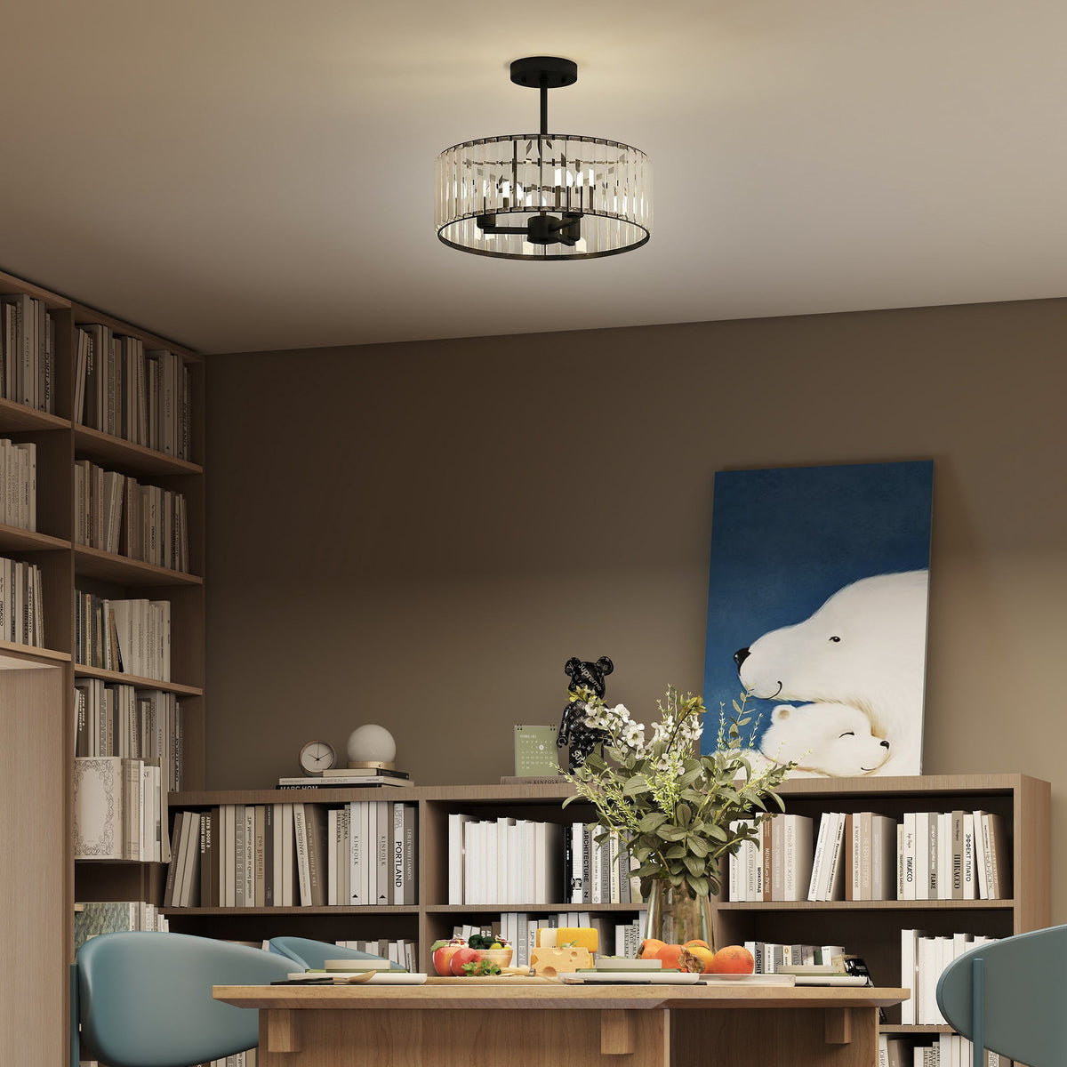 Black crystal semi-flush mount chandelier with a round crystal shade