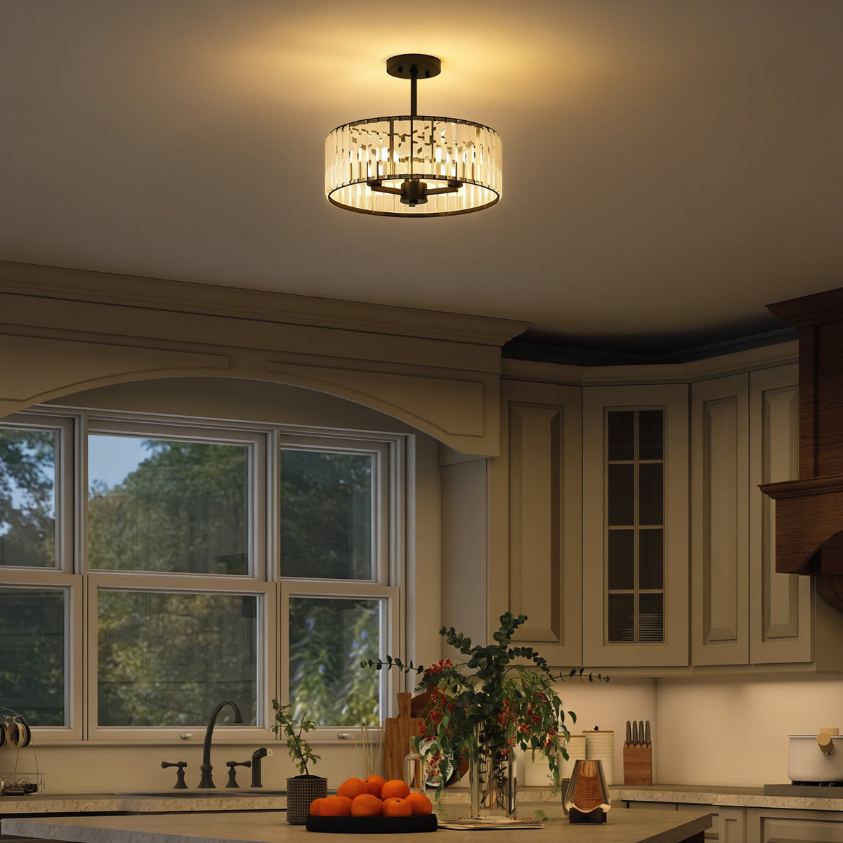Black crystal semi-flush mount chandelier with a round crystal shade