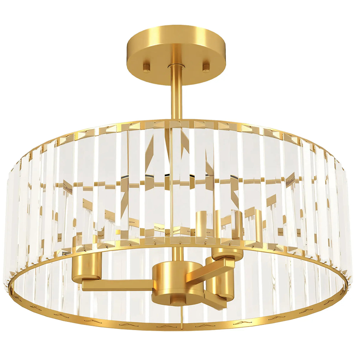 Gold-tone crystal semi-flush mount chandelier with a round crystal shade