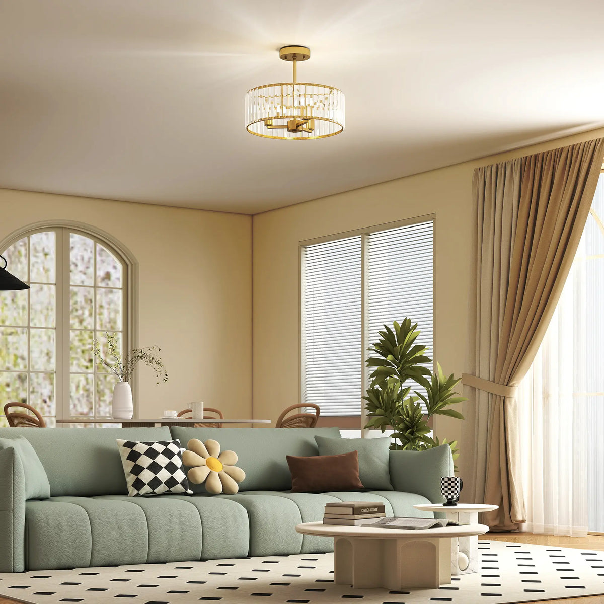 Gold-tone crystal semi-flush mount chandelier with a round crystal shade