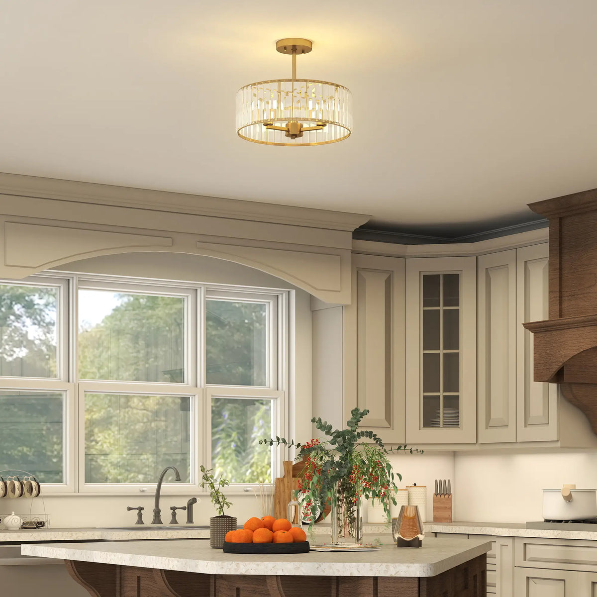 Gold-tone crystal semi-flush mount chandelier with a round crystal shade