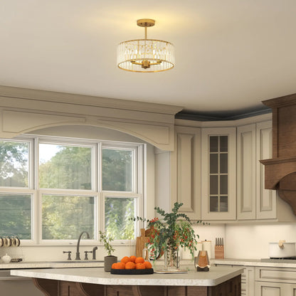 Gold-tone crystal semi-flush mount chandelier with a round crystal shade