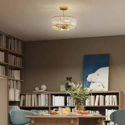 Gold-tone crystal semi-flush mount chandelier with a round crystal shade