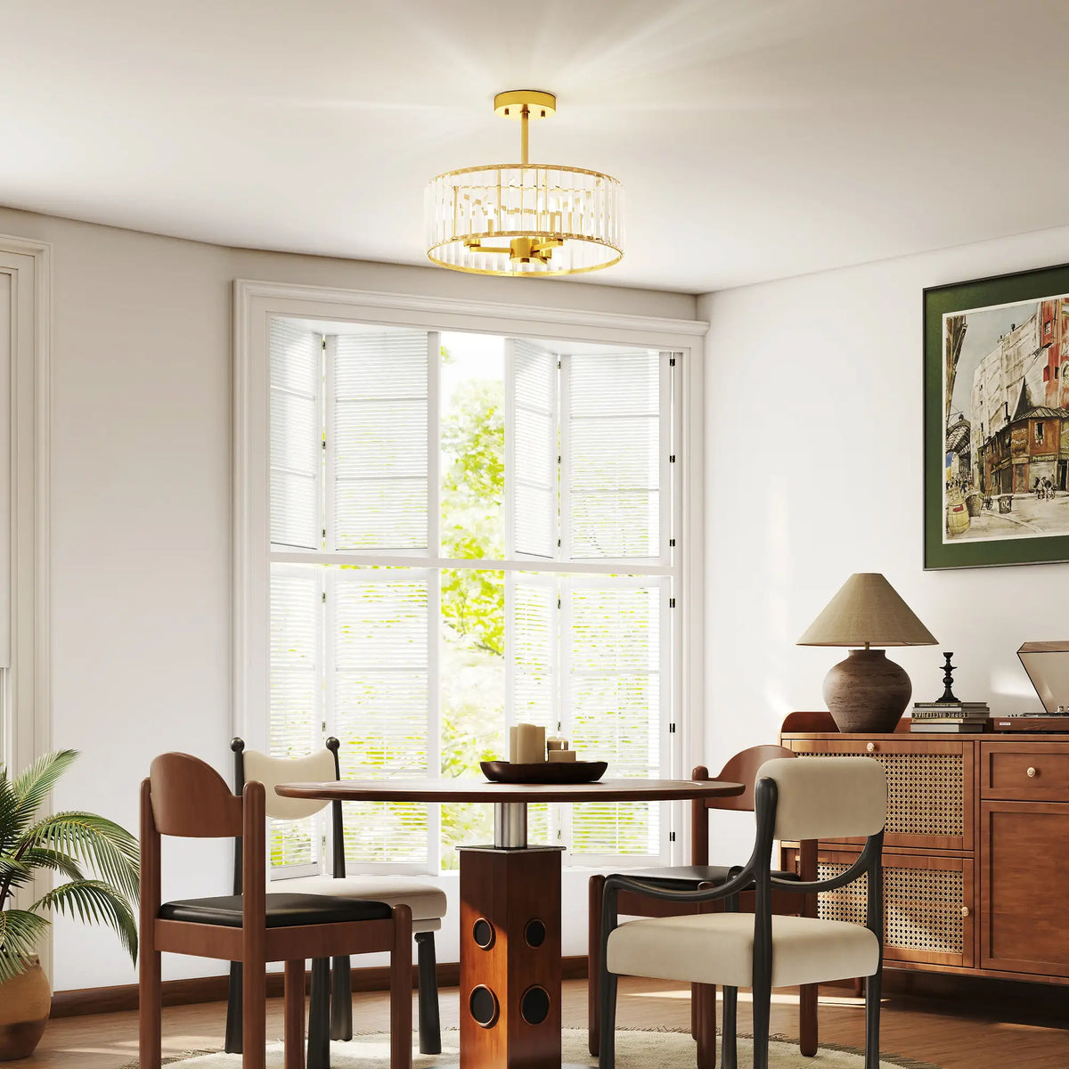 Gold-tone crystal semi-flush mount chandelier with a round crystal shade