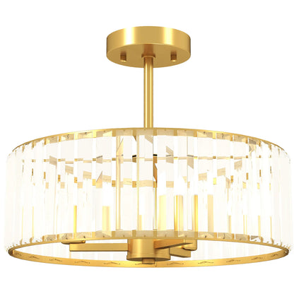 Gold-tone crystal semi-flush mount chandelier with a round crystal shade