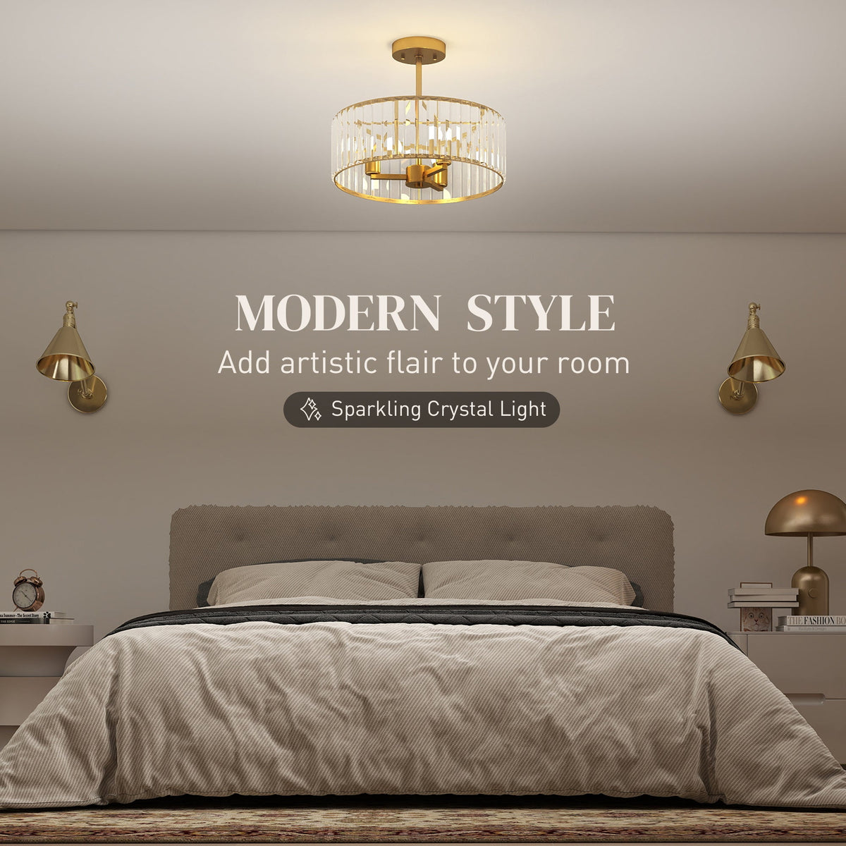 Gold-tone crystal semi-flush mount chandelier with a round crystal shade