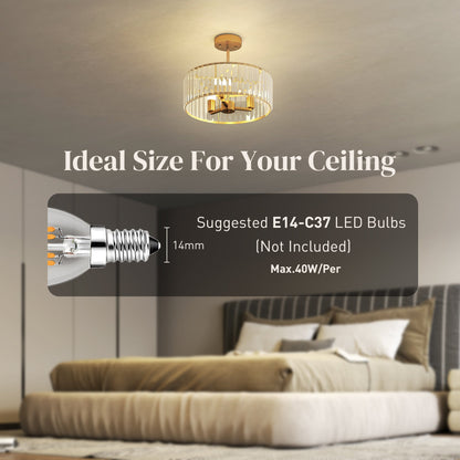 Gold-tone crystal semi-flush mount chandelier with E14 bulb fittings