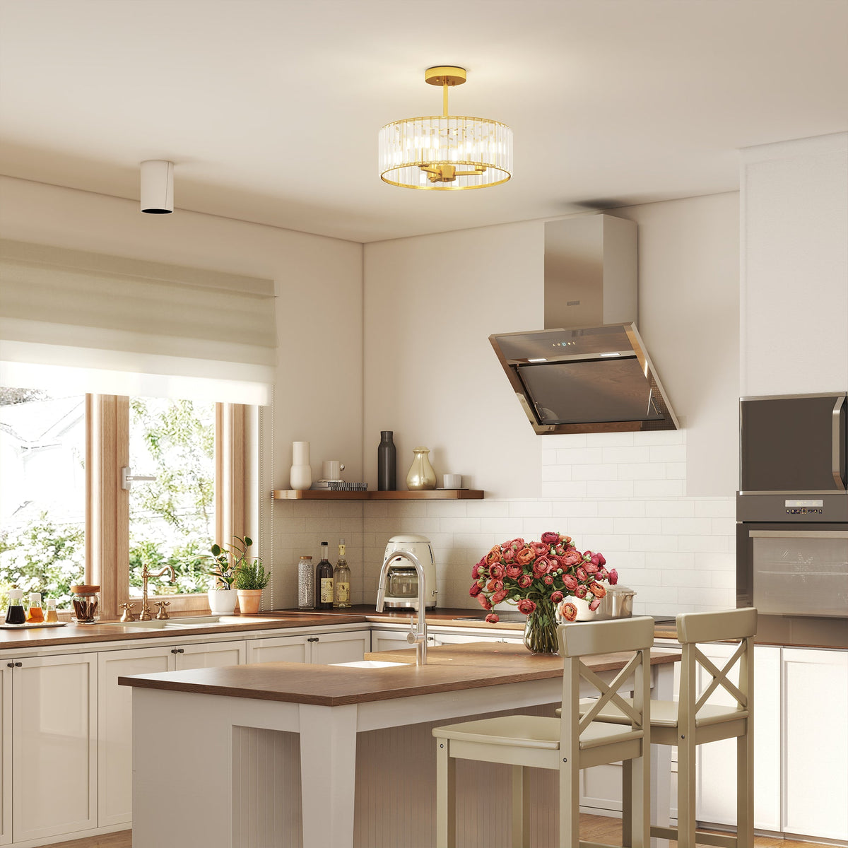 Gold-tone crystal semi-flush mount chandelier with a round crystal shade
