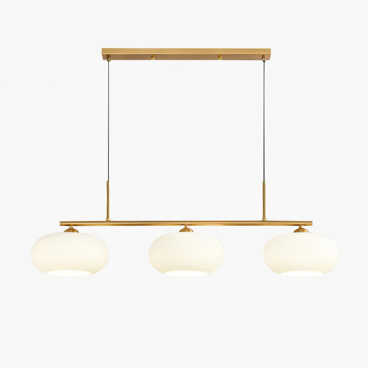 Gold-finish three-light linear glass pendant on white background