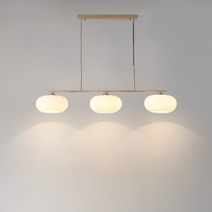 Three-light linear pendant with white glass shades