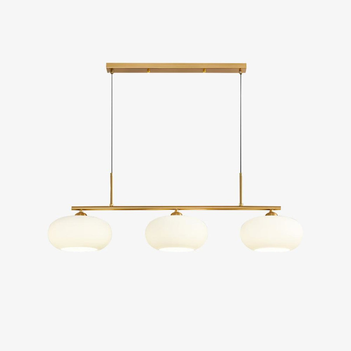 Gold-finish three-light linear glass pendant on white background