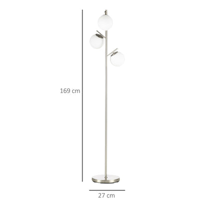 Silver tone three-light tree floor lamp with glass globe shades — height and base dimensions