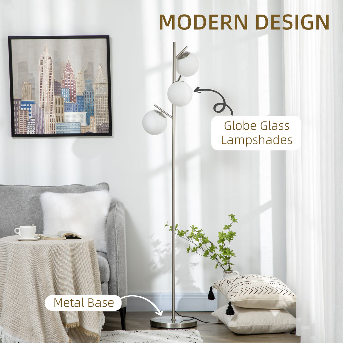 Silver tone three-light tree floor lamp with glass globe shades