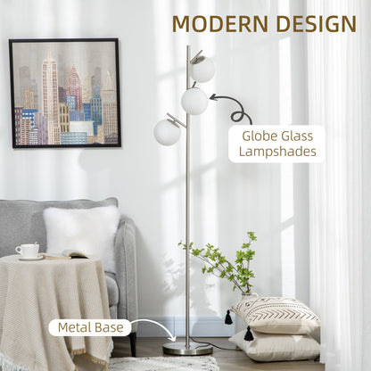 Silver tone three-light tree floor lamp with glass globe shades