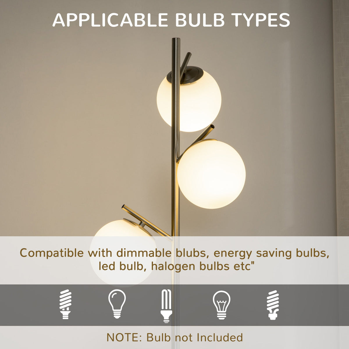 Silver tone three-light tree floor lamp with glass globe shades