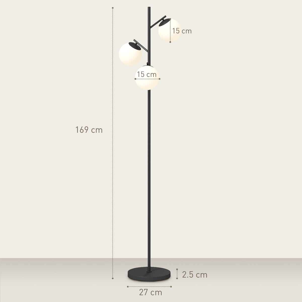 Black three-light tree floor lamp with glass globe shades — height and base dimensions