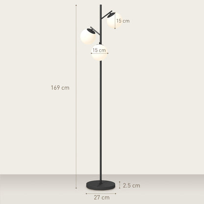 Black three-light tree floor lamp with glass globe shades — height and base dimensions