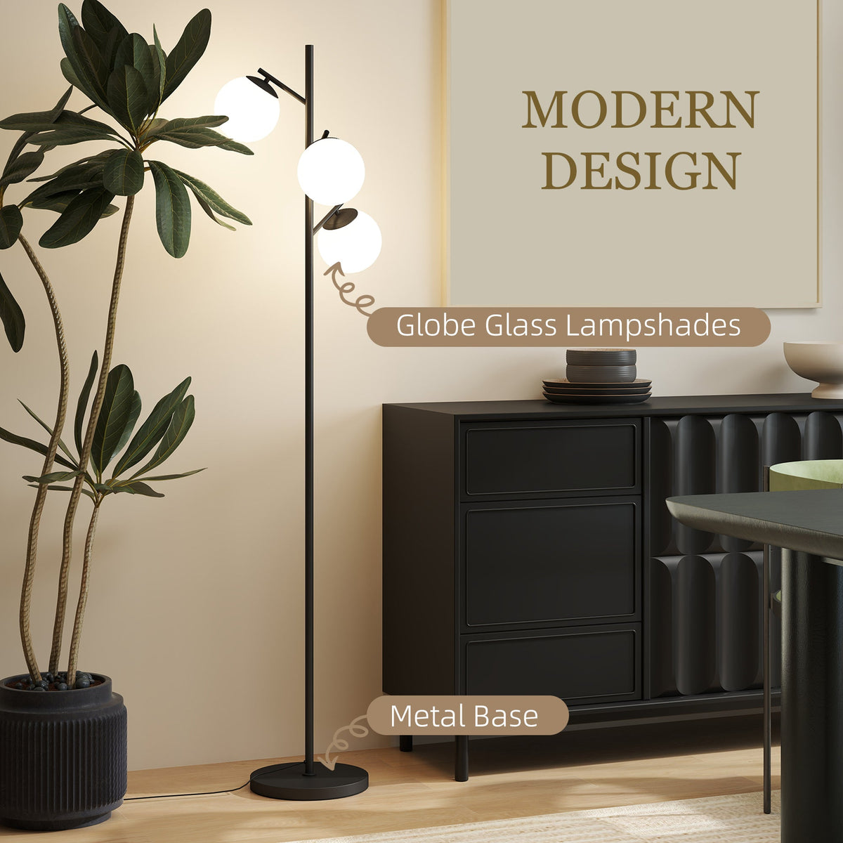 Black three-light tree floor lamp with glass globe shades