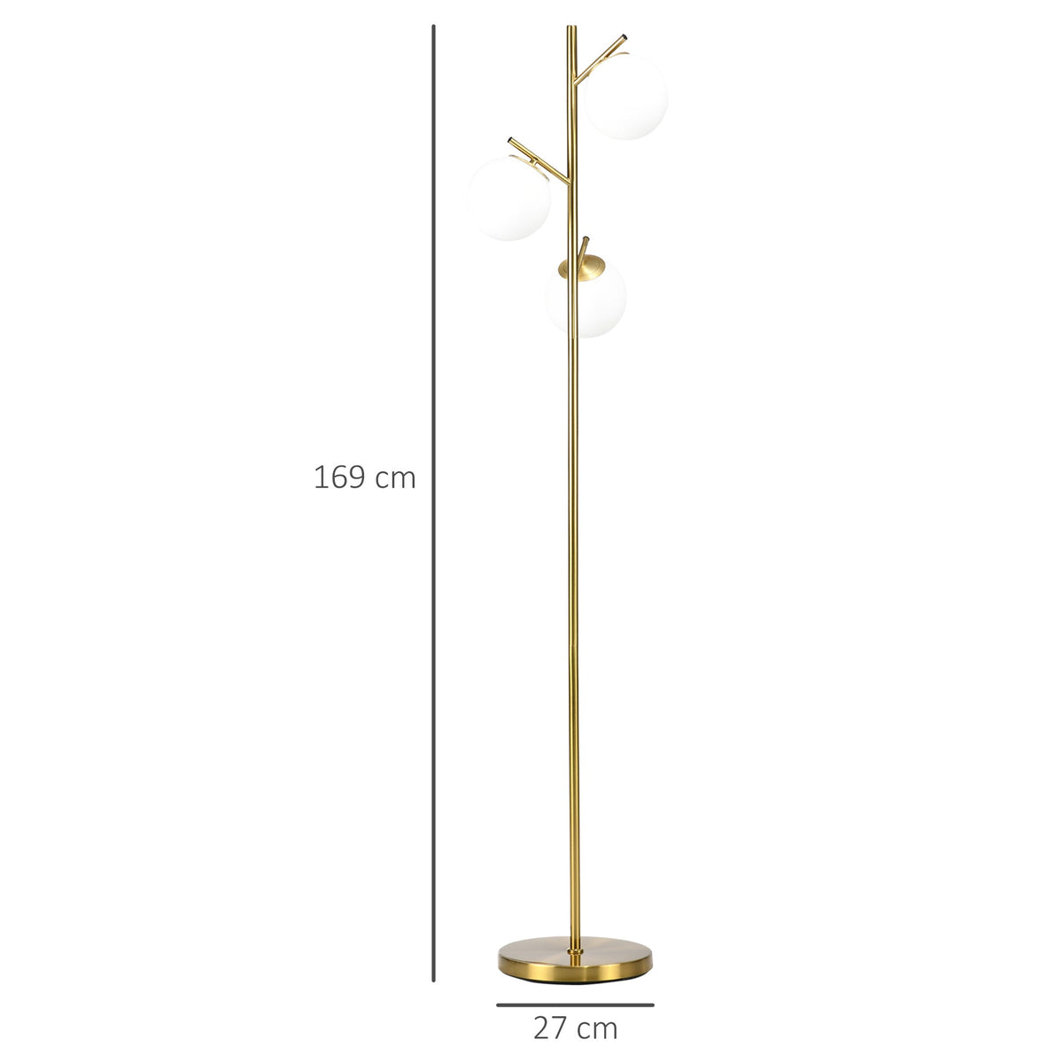 Gold tone three-light tree floor lamp with glass globe shades — height and base dimensions